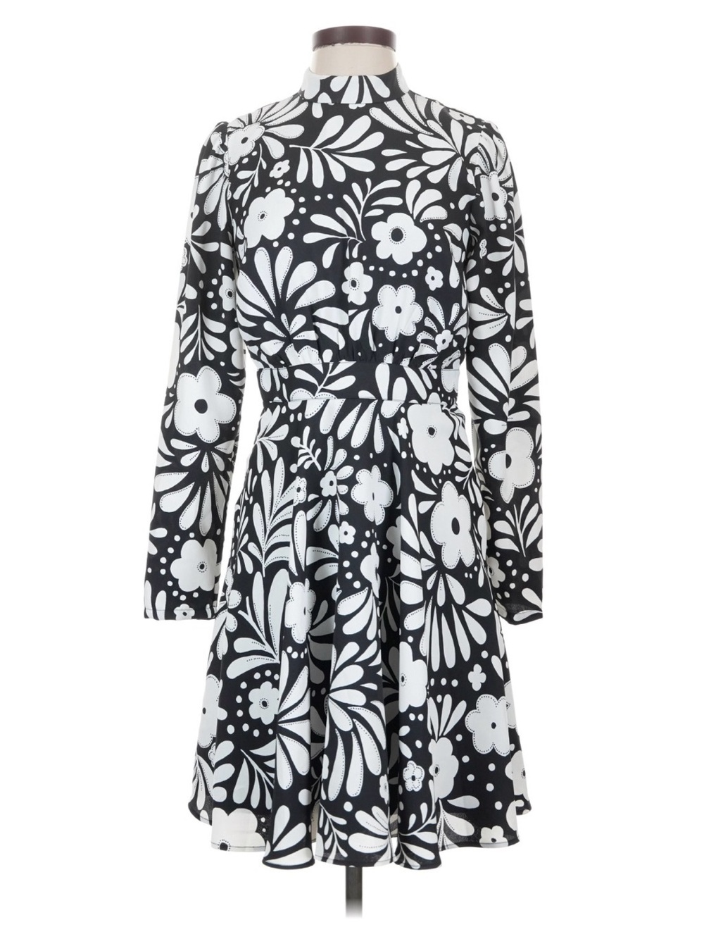 Ann Taylor Black & White Floral Long-Sleeve Fit-and-Flare Dress
